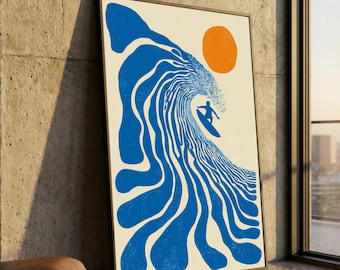 Abstract Surfer Canvas Print, Blue Ocean Wave Art, Modern Beach Decor