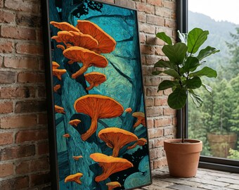 Lebendige orange Pilze Leinwand, Fantasy Wald Wandkunst, Natur Illustration Leinwand, abstrakte Wald Dekoration, moderne Leinwandmalerei