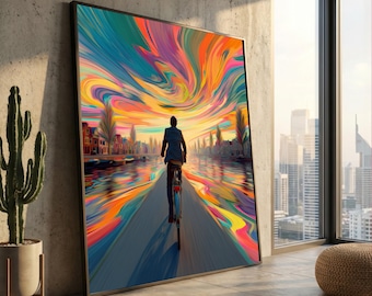 Lebendige Sonnenuntergangsfahrt Leinwand, Bunter Himmel Fahrrad Wandkunst, abstrakte Landschaftsmalerei, modernes Wohndekor, surreale Natur Leinwand