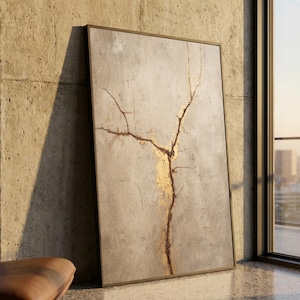 Tela dorata con crepe ispirata al Kintsugi, arte murale Wabi Sabi, arte giapponese delle riparazioni, tela astratta minimalista, arredamento Zen per la casa, parete moderna