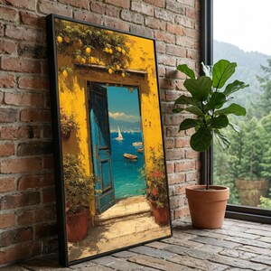Lienzo con vista al mar Mediterráneo, arte de pared rústico azul para puerta, decoración para el hogar con cítricos amarillos, lienzo con paisaje oceánico, decoración de pared costera