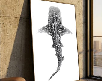 Lienzo de tiburón ballena en blanco y negro, arte de la vida marina, decoración de pared de animales marinos, arte minimalista costero en lienzo, ilustración moderna de la naturaleza.