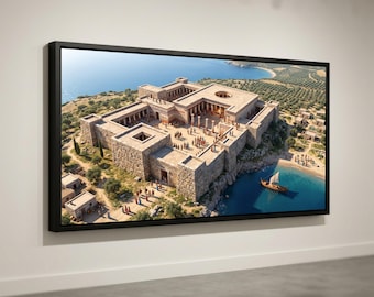 Leinwandbild: Antiker minoischer Palast, Wandbild: Ruinen von Knossos, Mittelmeerküstenblick, Leinwandbild: Historische Architektur, Archäologie