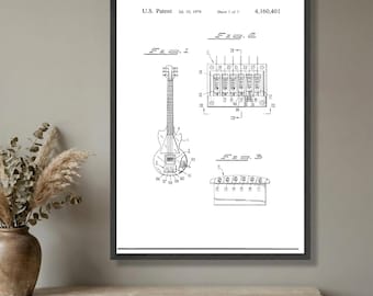 Arte de patente de guitarra eléctrica vintage, lienzo de dibujo técnico, decoración de pared de instrumentos musicales, plano de patente retro, lienzo para amantes de la música