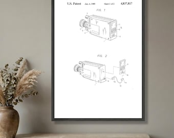 Lienzo decorativo con plano de patente de cámara de video vintage, ilustración tecnológica retro, decoración de pared con dibujo de ingeniería, impresión de patente en blanco y negro.