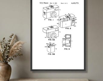 Arte de patentes de cámaras antiguas, arte mural en lienzo con tecnología retro, ilustración estilo plano, decoración de diseño industrial, historia de la fotografía.