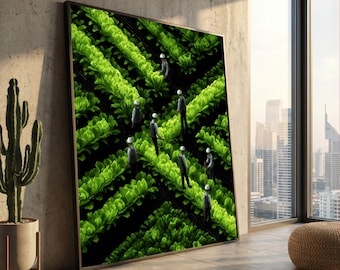 Cuadro decorativo de pared "Cosecha Verde", agricultores en un campo de lechugas, escena agrícola moderna, estilo pixel art, decoración de lienzo con temática agrícola y natural.