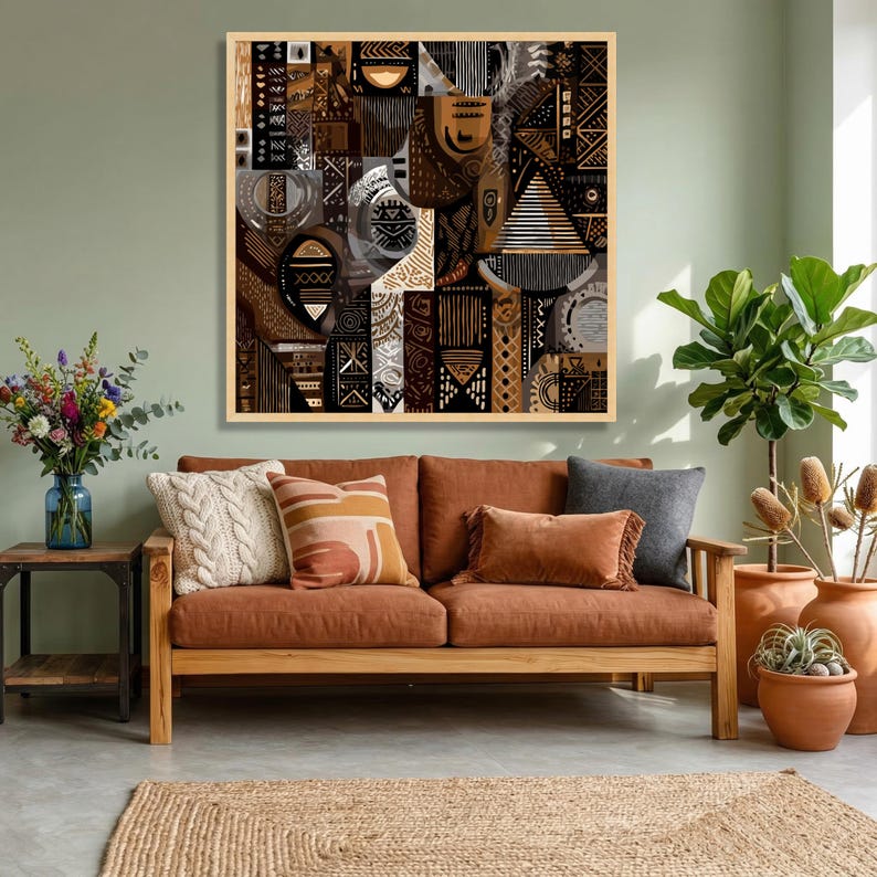 Lienzo con patrones tribales africanos abstractos, arte mural étnico, decoración bohemia para el hogar, lienzo geométrico en tonos marrones, diseño de arte cultural, listo para colgar. imagen 5