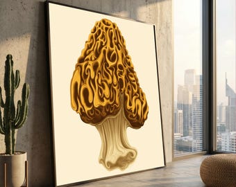 Detailierte Morchelpilz Leinwand Wandkunst, botanische Illustration, rustikale Küchendekoration, naturinspirierte Leinwand, fertig zum Aufhängen
