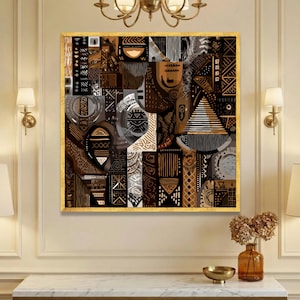 Lienzo con patrones tribales africanos abstractos, arte mural étnico, decoración bohemia para el hogar, lienzo geométrico en tonos marrones, diseño de arte cultural, listo para colgar. imagen 6