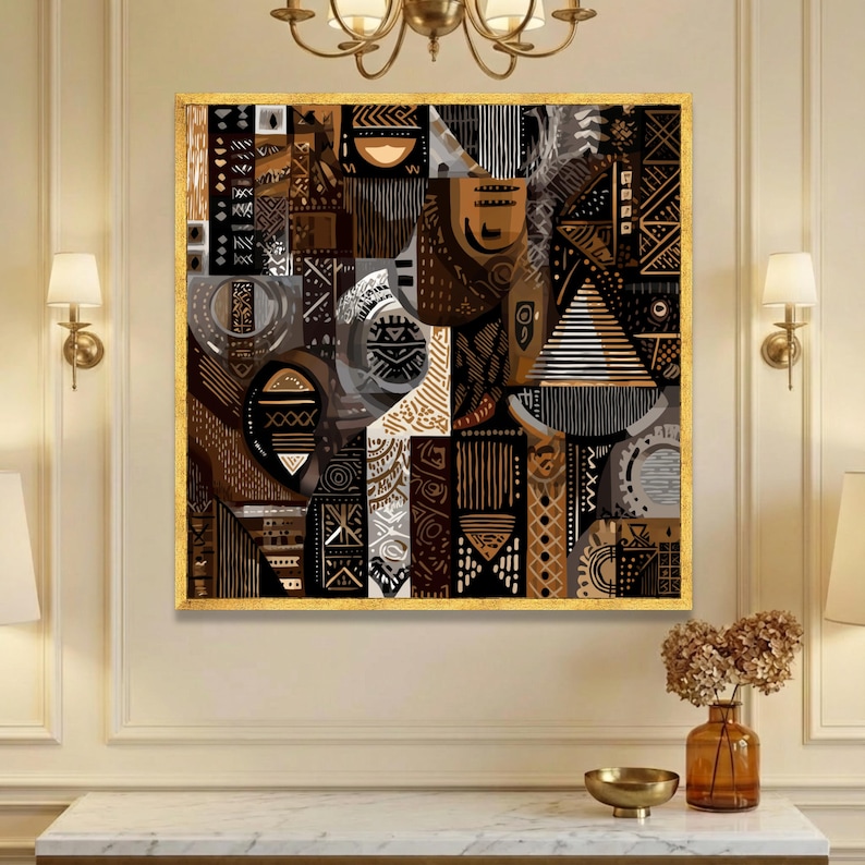 Lienzo con patrones tribales africanos abstractos, arte mural étnico, decoración bohemia para el hogar, lienzo geométrico en tonos marrones, diseño de arte cultural, listo para colgar. imagen 6