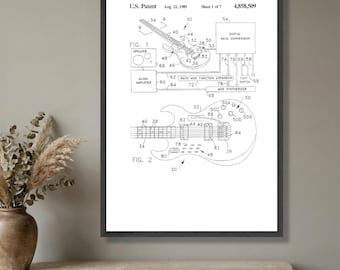 Lienzo con diseño de patente de guitarra eléctrica vintage, arte mural de dibujo técnico, plano de instrumento musical, decoración de guitarra retro, lienzo musical moderno