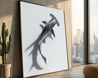 Cuadro de tiburón martillo para pared, decoración de vida marina, estampado de animales marinos, obra de arte de criaturas marinas en blanco y negro, lienzo moderno para casa de playa.
