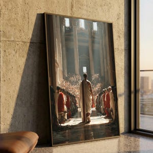 May include: A framed wall art print depicting a scene in a Roman senate or forum. A central figure wearing a white and red toga walks away from the viewer toward a large crowd of people seated between tall stone columns under a bright light.