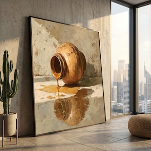 Rustic Clay Pot Canvas Wall Art, Earthy Still Life, Vintage Jar Painting, Warm Tonal Home Decor, Kitchen Wall Decoration
