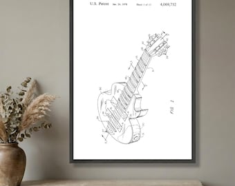 Lienzo con ilustración de patente de guitarra eléctrica vintage, arte mural musical, plano de instrumento retro, decoración para amantes de la guitarra, lienzo listo para colgar.