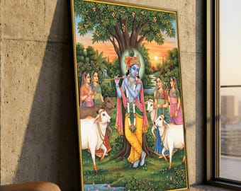 Göttliche Lord Krishna spielt Flöte Leinwand Wandkunst, Radha Krishna Malerei, traditionelle indische spirituelle Kunst, Wohnkultur, fertig zum Aufhängen