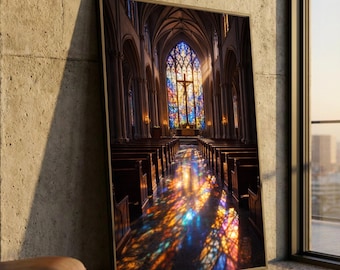 Interior de catedral con vidrieras, lienzo de pasillo de iglesia iluminado por el sol, arte mural religioso, lienzo de arquitectura gótica, decoración espiritual para el hogar