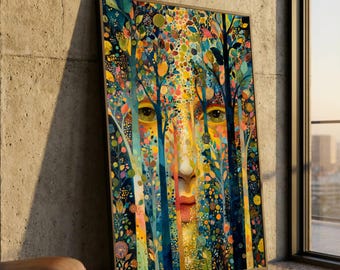 Enchanted Forest Face, Abstract Nature Canvas, Colorful Tree Art, Surreal Wall Decoration, Modern Botanical Canvas Art