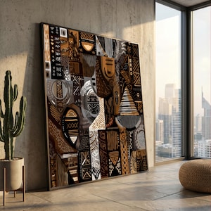 Lienzo con patrones tribales africanos abstractos, arte mural étnico, decoración bohemia para el hogar, lienzo geométrico en tonos marrones, diseño de arte cultural, listo para colgar. imagen 1