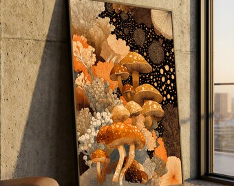 Herbst Pilz Wald Leinwand, Abstrakte Pilze Wandkunst, Botanische Natur Illustration, Erdfarben Leinwanddekor, Fertig zum Aufhängen Kunstwerk