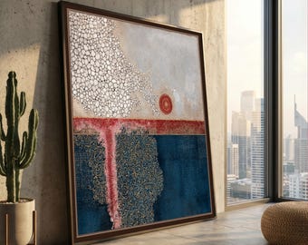 Lienzo con textura de mosaico abstracto, arte mural geométrico, lienzo decorativo moderno, obra de arte con estampado azul y rojo, listo para colgar. Decoración del hogar.