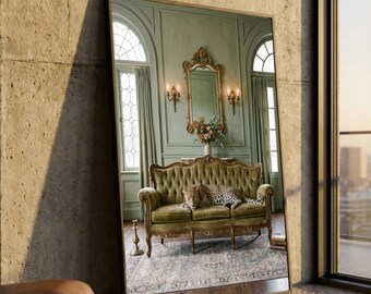 Elegante leopardo descansando sobre un sofá vintage (lienzo), arte clásico para sala de estar, lujosa decoración de pared con animales, decoración para el hogar en verde y dorado.