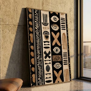 Afrikanische Schlamm-Tuch-Muster-Leinwand-Kunst, Stammes- Boho Wohndekor, ethnisches schwarzes braunes geometrisches Kunstwerk, moderne kulturelle Leinwanddekoration