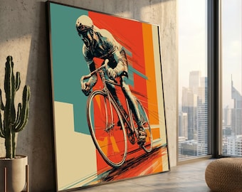 Dynamische Radsportler-Leinwand, moderne Sportwandkunst, abstrakte Fahrradillustration, energiegeladenes Fahrtdekor, fertig zum Aufhängen