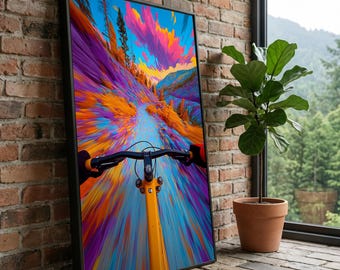 Lebendige Mountainbike-Fahrt, Bunte Spur Leinwand, Dynamische Outdoor-Abenteuer Wandkunst, Abstrakte Natur Landschaft Leinwand, Fertig zum Aufhängen zu Hause