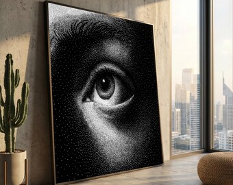 Cuadro monocromático de ojo humano en lienzo, técnica de puntillismo, retrato en blanco y negro, decoración de pared minimalista moderna, rasgos faciales detallados.