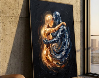Lienzo abstracto de abrazo, arte mural con figuras doradas y azules, pintura moderna de pareja, decoración de conexión emocional, obra romántica en lienzo