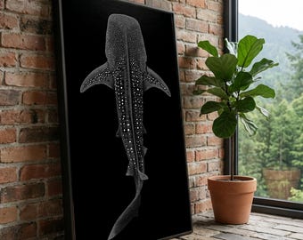 Cuadro decorativo de pared con un majestuoso tiburón ballena, decoración de vida marina en blanco y negro, ilustración de animales marinos, lienzo de vida silvestre submarina, hogar moderno