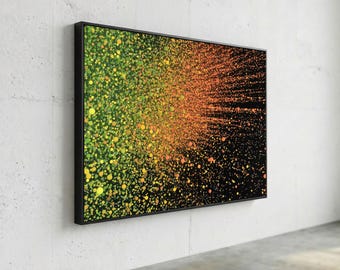 Abstract Colorful Particle Explosion Canvas, Modern Digital Art Wall Decor, Vibrant Green Orange Yellow Dots Canvas, Contemporary Home