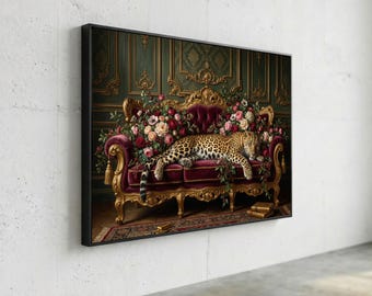 Lienzo con estampado de leopardo majestuoso sobre un sofá victoriano vintage, arte mural floral, decoración para el hogar con motivos de animales y naturaleza, lujosa impresión en lienzo para sala de estar.