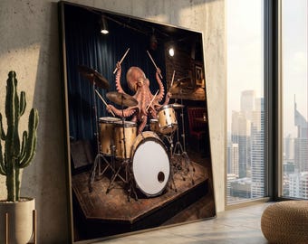 Oktopus-Schlagzeuger auf Leinwand – Einzigartiges Tiermusik-Kunstwerk, Ausgefallene Wohndekoration, Lustiger Instrumental-Leinwanddruck