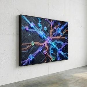 May include: A rectangular wall art piece featuring a dark, textured surface with glowing blue, purple, and orange circuit board lines connecting translucent, illuminated cubes in a digital network pattern, framed in a thin black border.