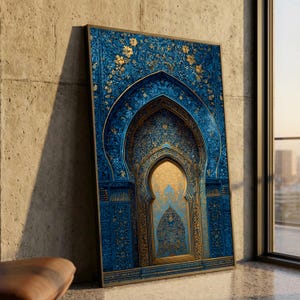 May include: A framed art print featuring a detailed, ornate design of an archway in shades of blue and gold. The artwork has a rich, textured appearance with floral and geometric patterns, evoking a sense of historical architecture.