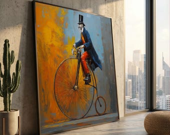 Vintage Gentleman auf Penny Farthing Fahrrad Leinwand, Retro Fahrrad Wandkunst, viktorianische Ära Mann Malerei, bunte Wohnkultur Leinwand