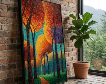 Autumn Forest Path Canvas Wall Art, Colorful Trees Painting, Pointillism Landscape, Vibrant Fall Foliage Decor, Modern Nature Canvas