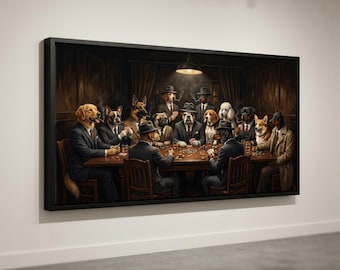 Lienzo con perros jugando al póquer, temática de la mafia, retrato humorístico de animales.