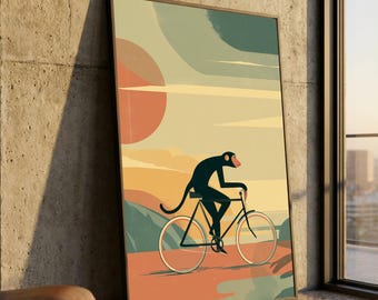 Affe reitet Fahrrad Leinwand, Vintage-Stil Tier Kunst, Retro abstrakte Wand-Dekor, spielerische Natur-Illustration, Leinwand-Wand-Kunst für Haus