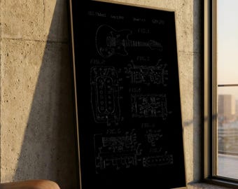 Lienzo decorativo de pared con patente de guitarra eléctrica vintage, impresión de plano técnico, decoración de instrumentos musicales, ilustración de guitarra retro, adorno de pared.