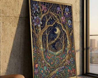Lienzo Bosque Nocturno Místico, Luna Creciente y Estrellas, Obra de Arte Floral Encantada, Arte de Pared Boho, Escena Mágica de la Naturaleza, Lienzo Listo para Colgar