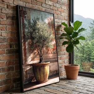 Olive Tree in Rustic Pot Canvas, Mediterranean Plant Wall Art, Botanical Home Decor, Sunlit Interior Canvas, Vintage Style Decoration