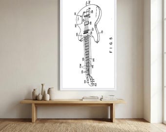Lienzo con dibujo técnico de guitarra eléctrica, arte de instrumentos musicales, arte mural con planos de patentes, decoración musical vintage, lienzo listo para colgar.