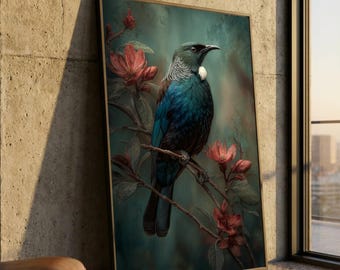 Exotisk tui-fågel väggkonst, blommig grendekor, natur och djurliv canvastavla, vacker befjädrad fågel heminredning