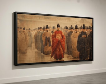 May include: A framed painting depicting a procession of figures in traditional Asian attire. The central figure wears a vibrant red robe, standing out amidst the muted tones of the other figures. The artwork is displayed on a white wall.