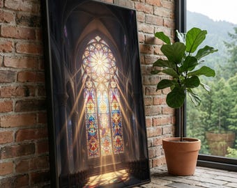 Lienzo con vidriera gótica iluminada por el sol, arte mural para interiores de catedrales, rayos de luz coloridos, decoración de arquitectura sagrada, lienzo espiritual