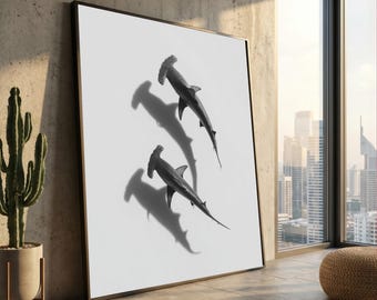 Lienzo submarino de tiburones martillo, arte mural de vida marina oceánica, lámina minimalista de criaturas marinas, decoración de naturaleza y vida silvestre, listo para colgar.